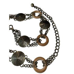 Engraved Gold Antique Brass Disc Wood Ring BOHO Hippie Festival Chain Belt 35"